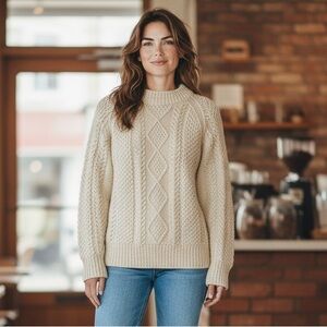 Crew Neck Cable Knit Wool Hand Knit Fisherman Sweater